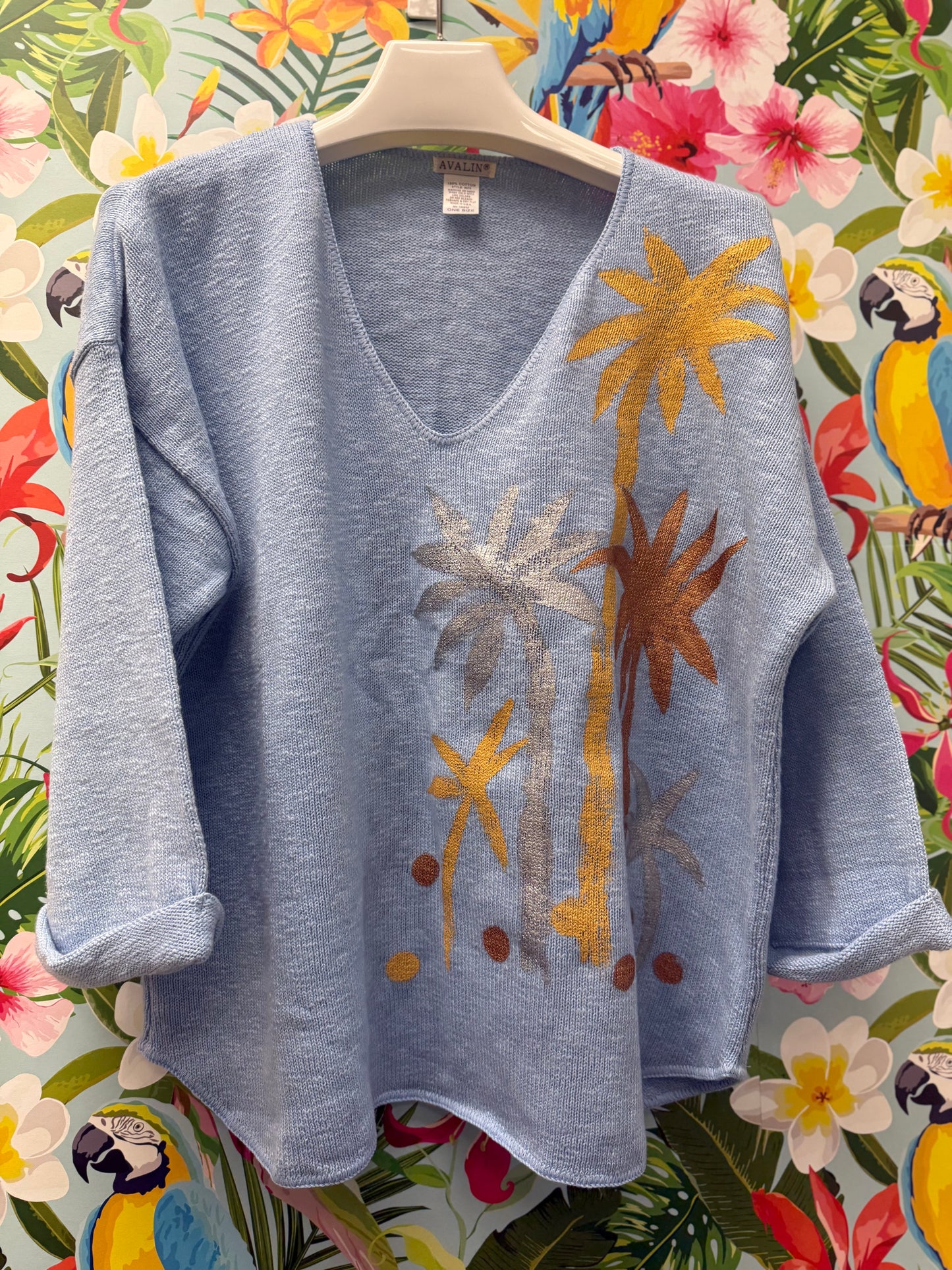 Peg Painted Blue Sky Palms Sweater