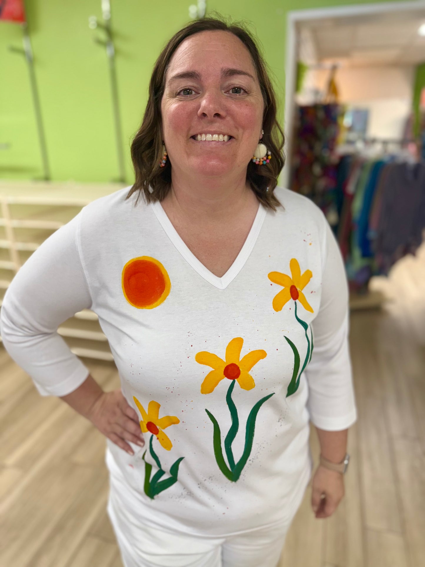 Peg Painted Yellow Splatter Flower Trio Top