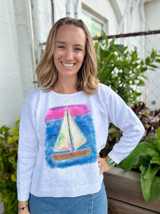 Rosamund Merrill Painted Sail Boat Sweater