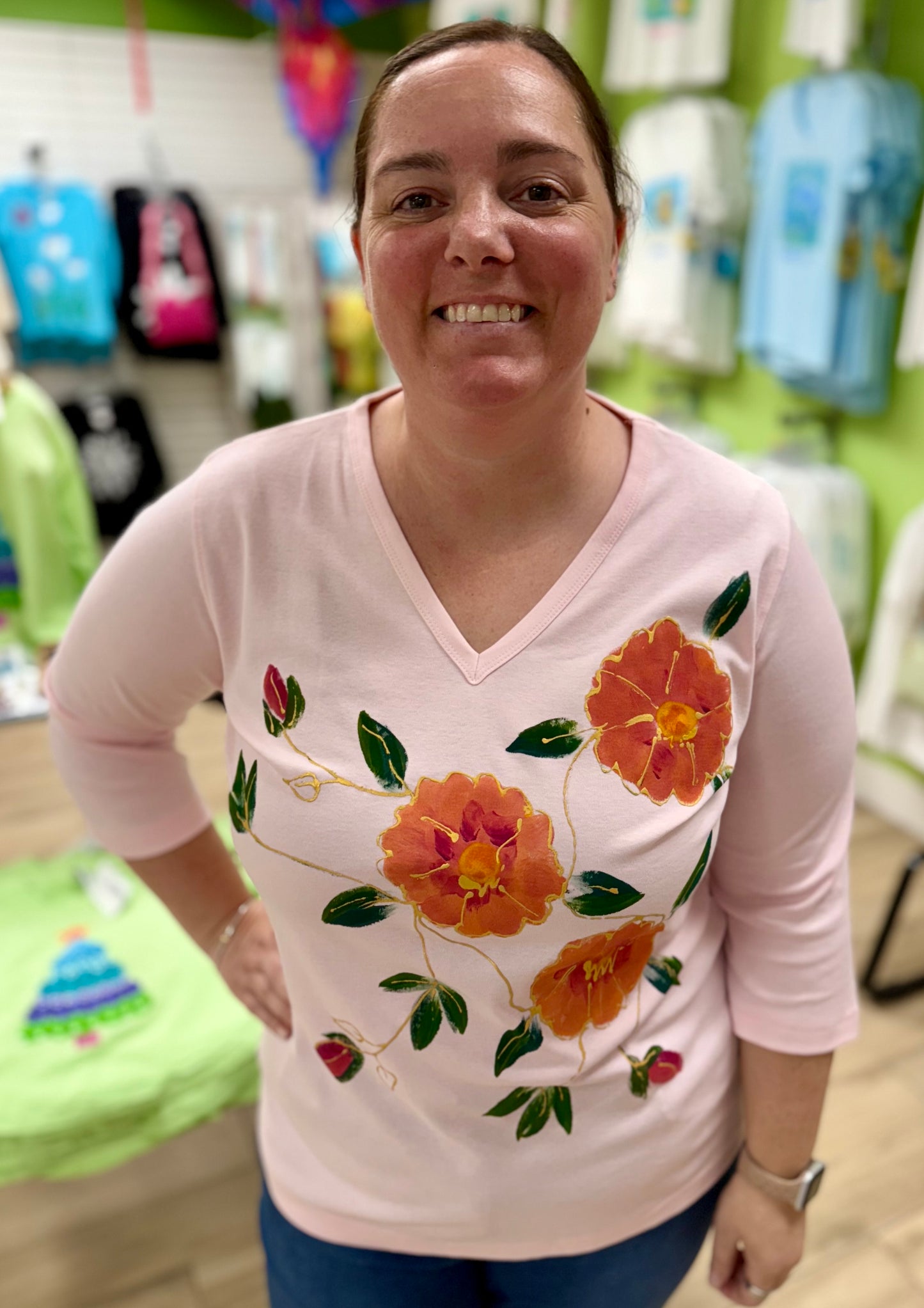 Peg Painted Pink Hibiscus Garden Top