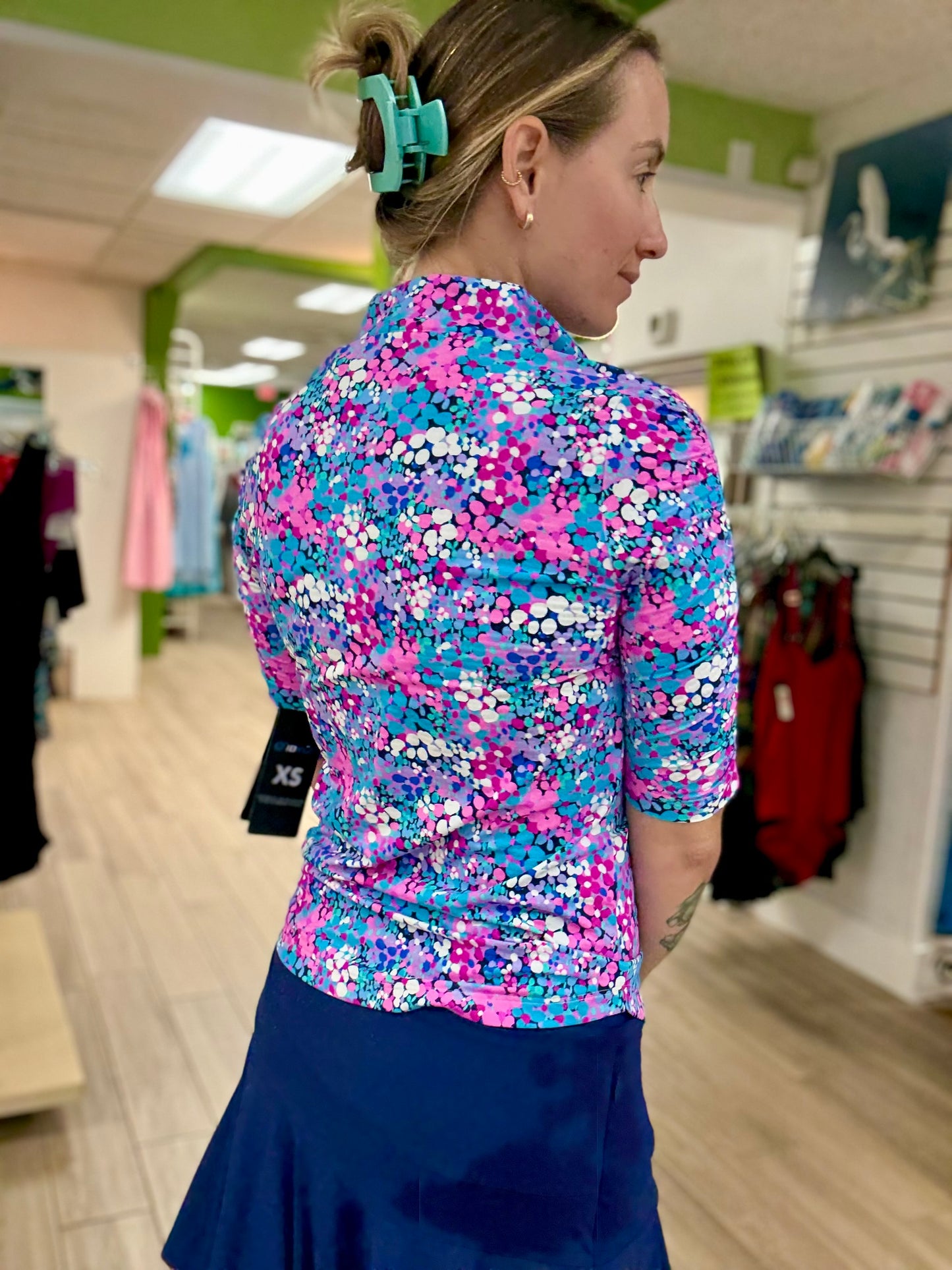 Ibkul 41000 UPF Ruched Arm Print Top