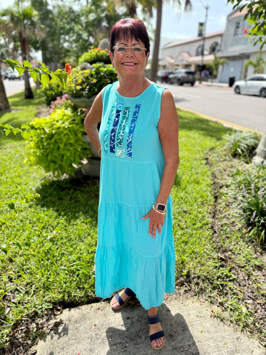 MoMo 1681 Blue Bars Painted Maxi Dress