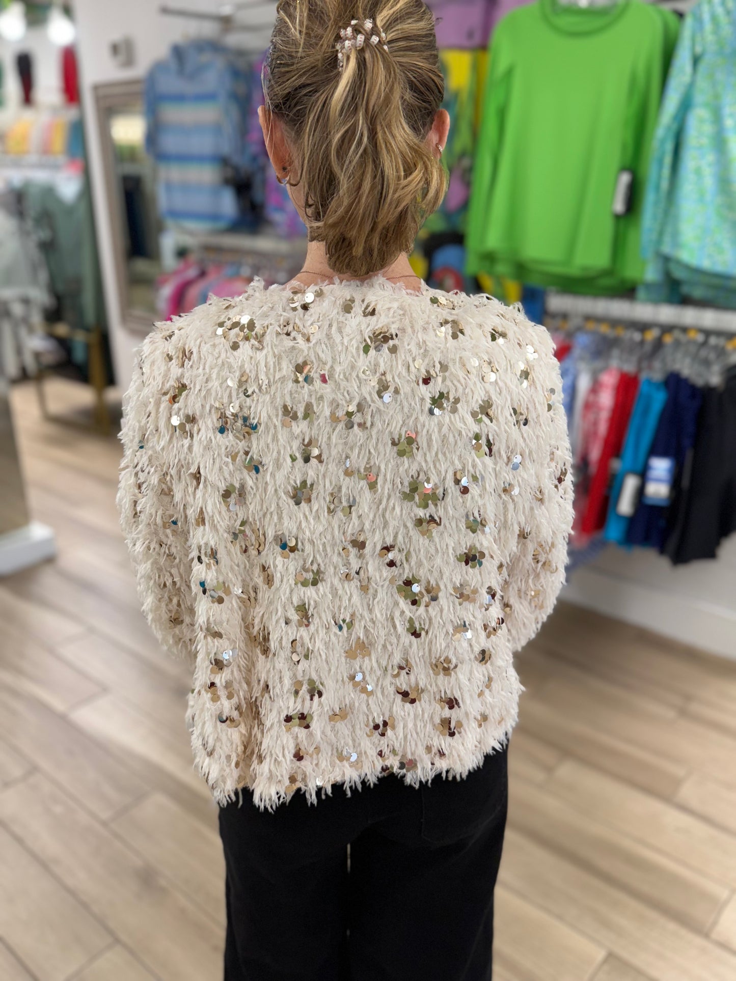 Gabby Isabella 525726 Fuzzy Sequin Cardigan Jacket