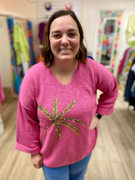 LisaLou Breezy Palm Tree Painted Sweater