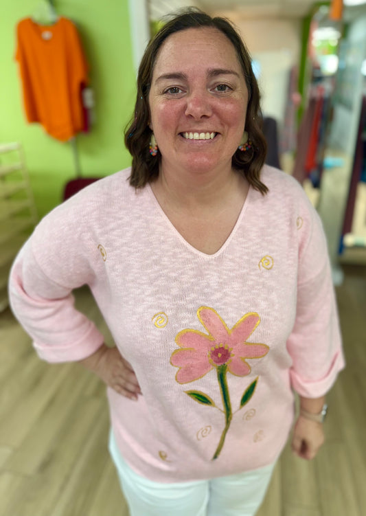 Peg Painted Pink Center Blooms Sweater