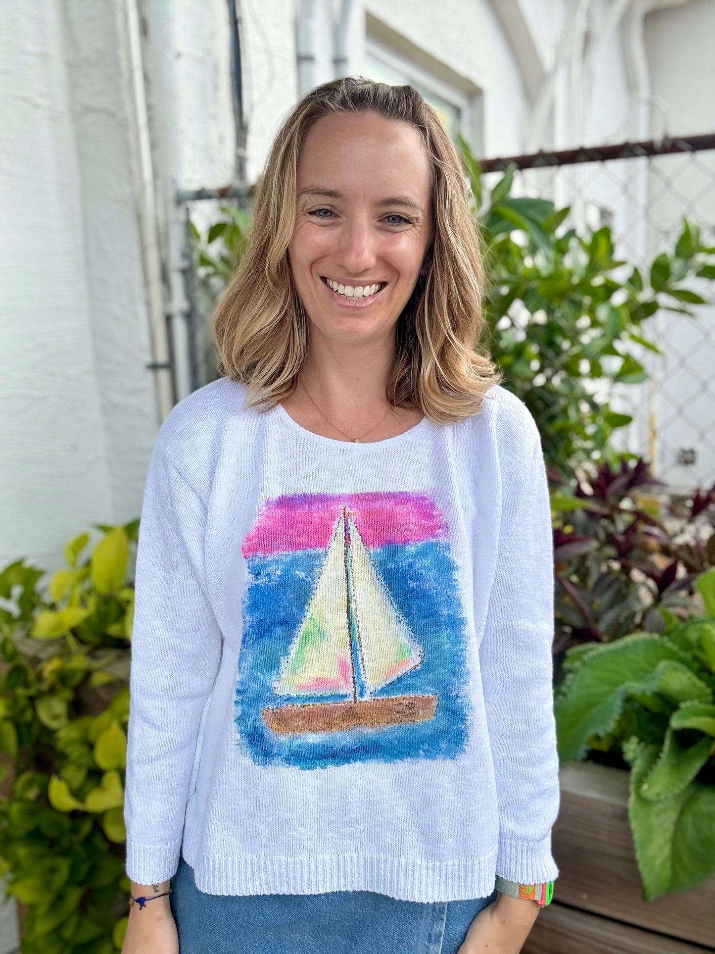Rosamund Merrill Painted Sail Boat Sweater
