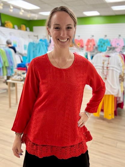 Parsley & Sage Red Vera Lace Top