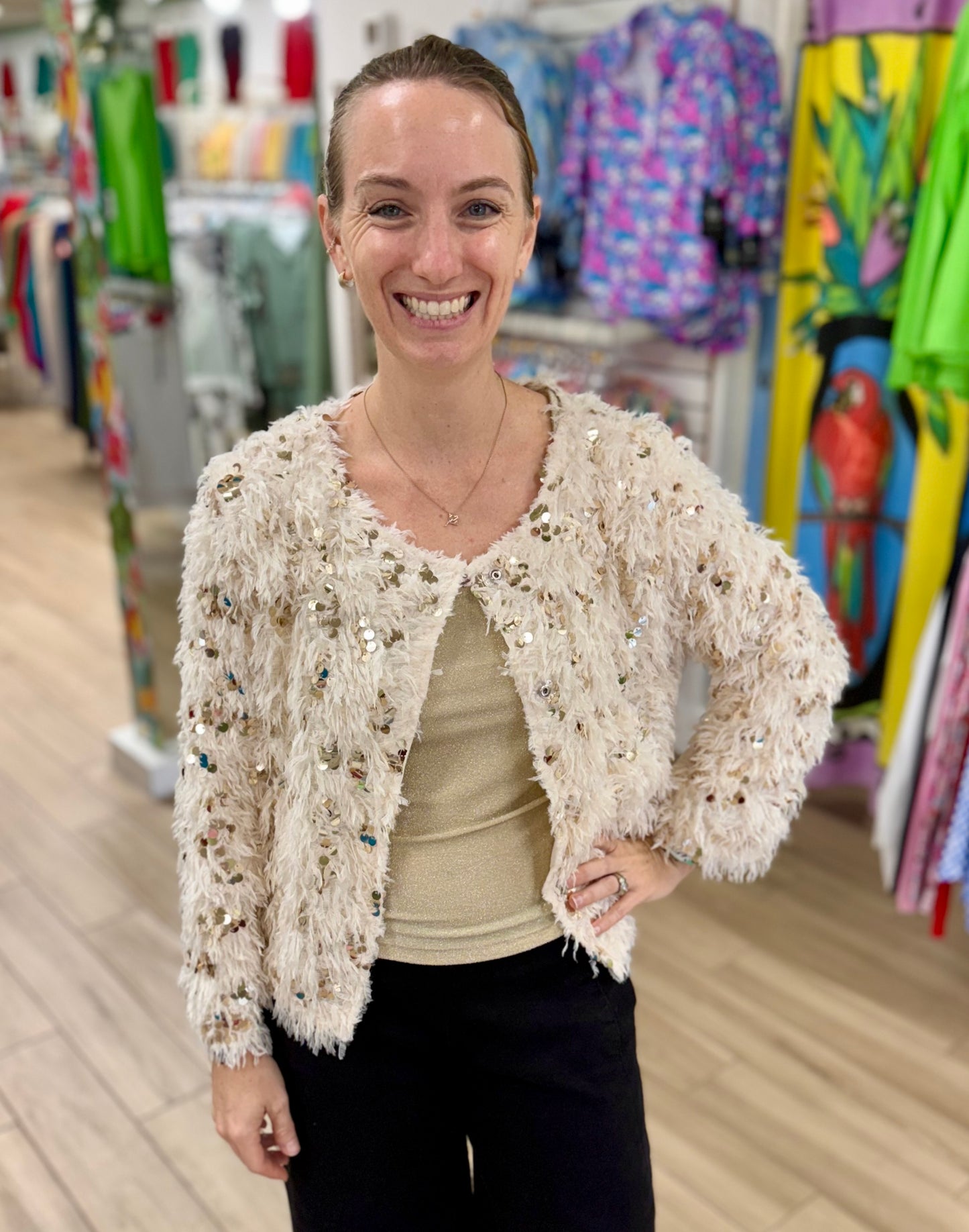 Gabby Isabella 525726 Fuzzy Sequin Cardigan Jacket