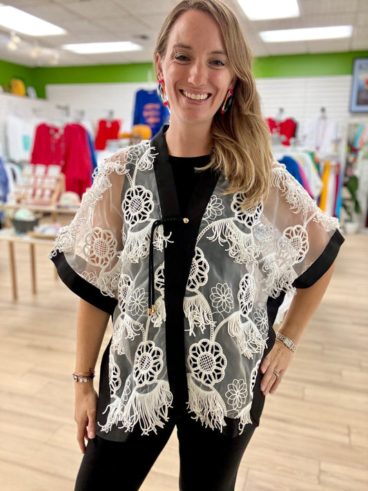 Aris A White Flower Fringe Topper