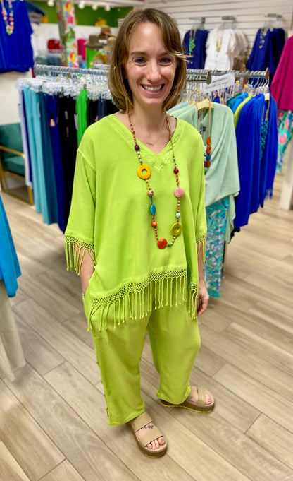 Dairi One Size Fringed V-Neck Top