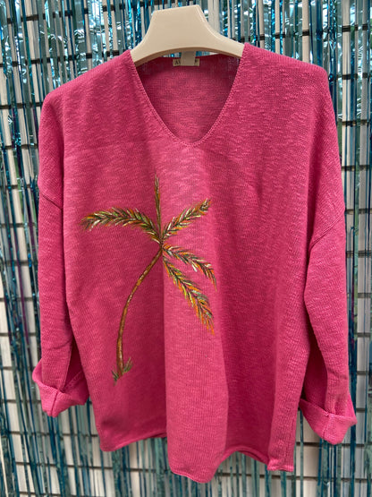 LisaLou Breezy Palm Tree Painted Sweater