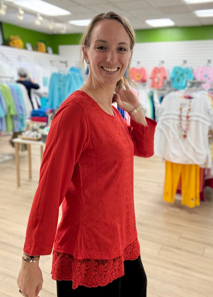 Parsley & Sage Red Vera Lace Top
