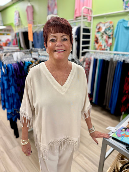 Dairi One Size Fringed V-Neck Top