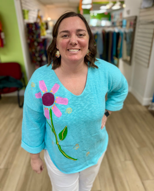 Peg Pink Solo Side Bloom Painted Sweater