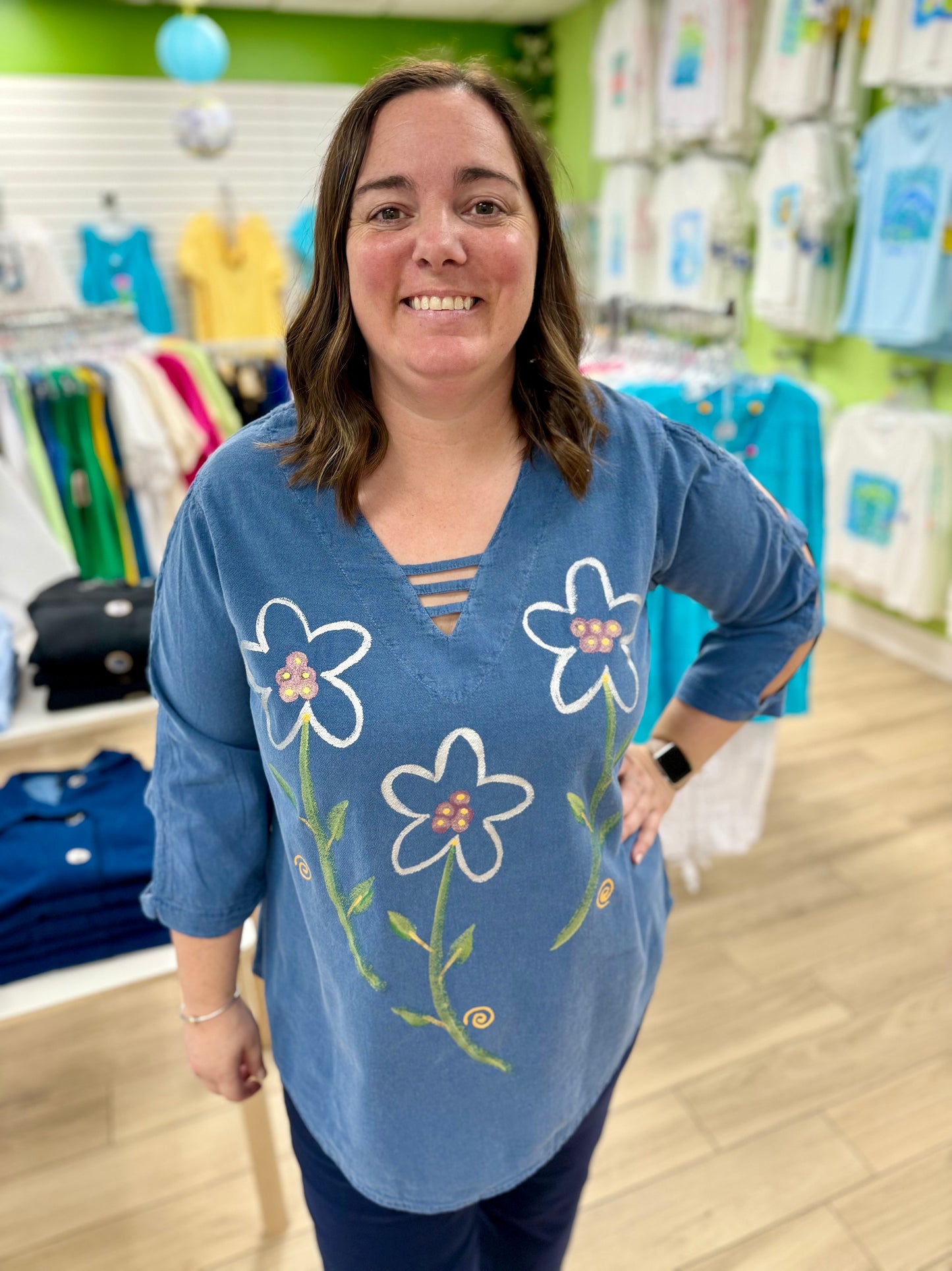 Peg 0011 Painted Denim Flowers Top