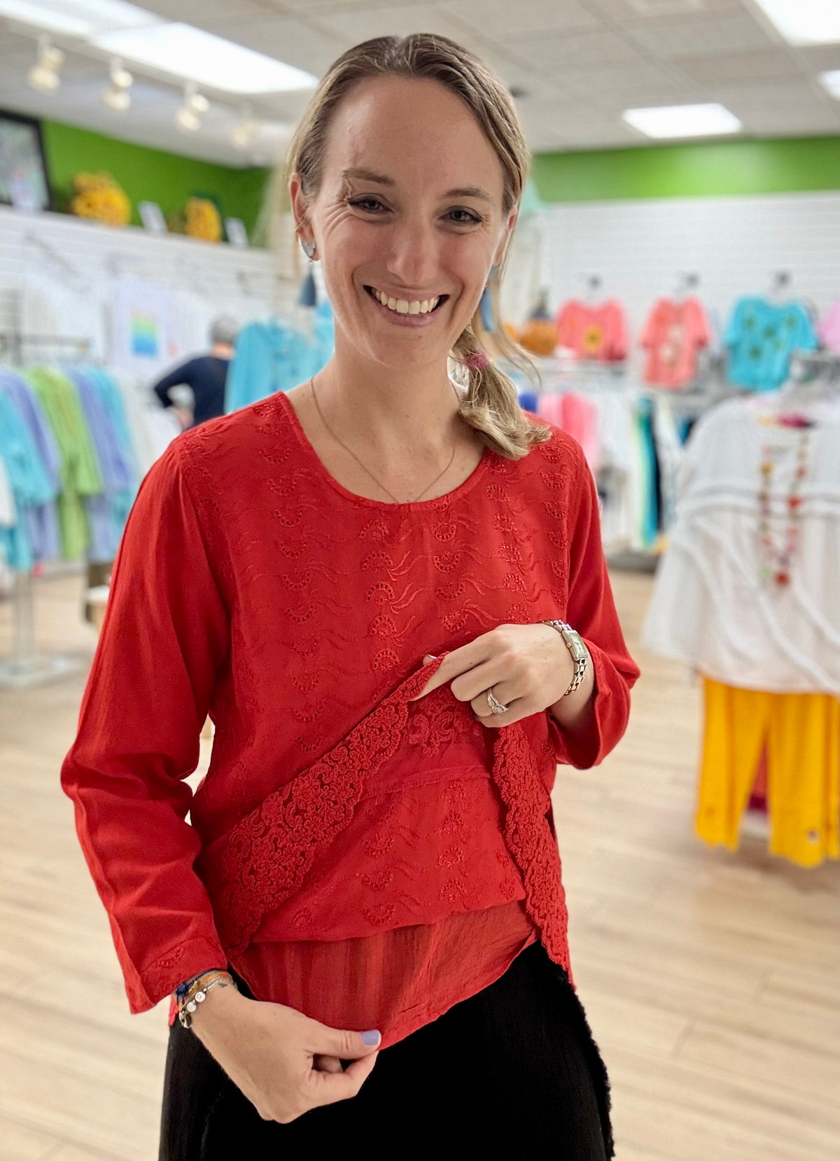 Parsley & Sage Red Vera Lace Top