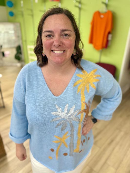 Peg Painted Blue Sky Palms Sweater