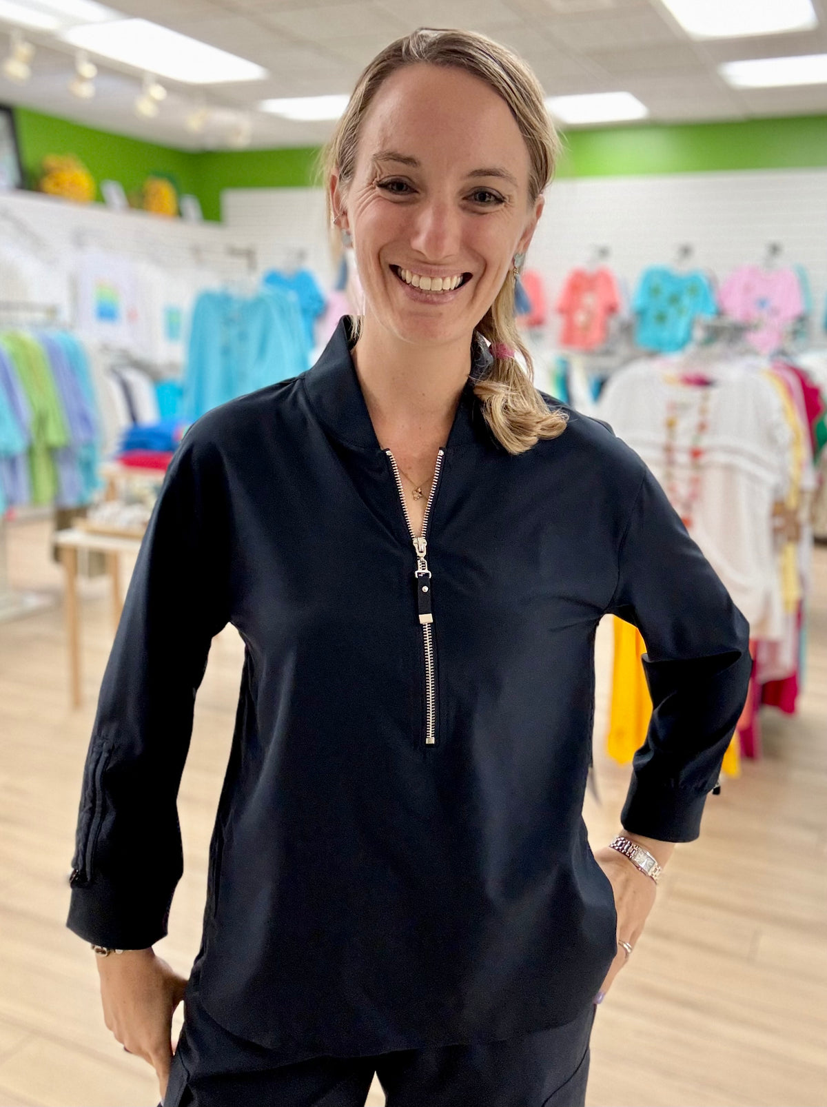 Multiples Navy Cinch Sleeve Jacket