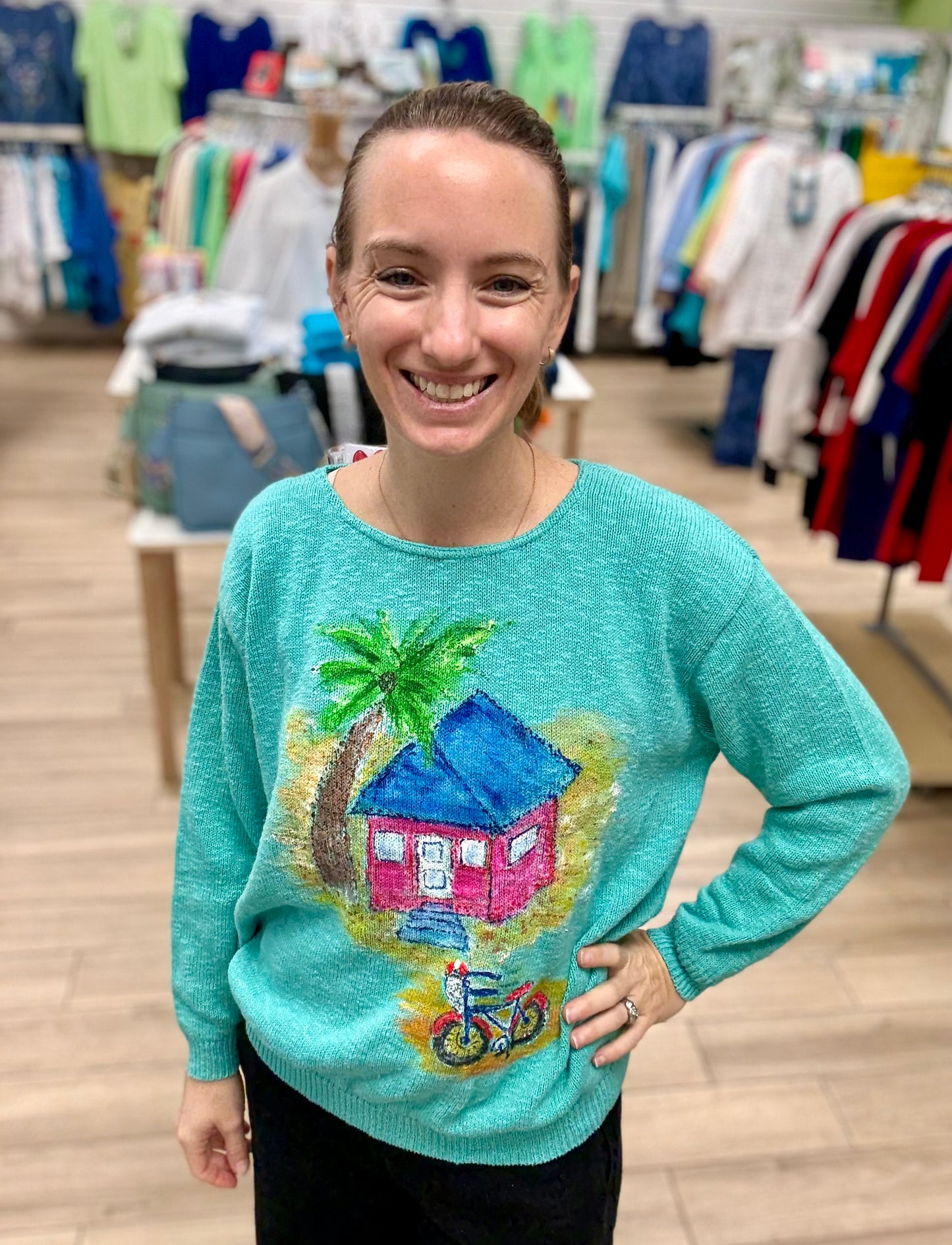 Rosamund Merrill Painted Beach House Bike Sweater