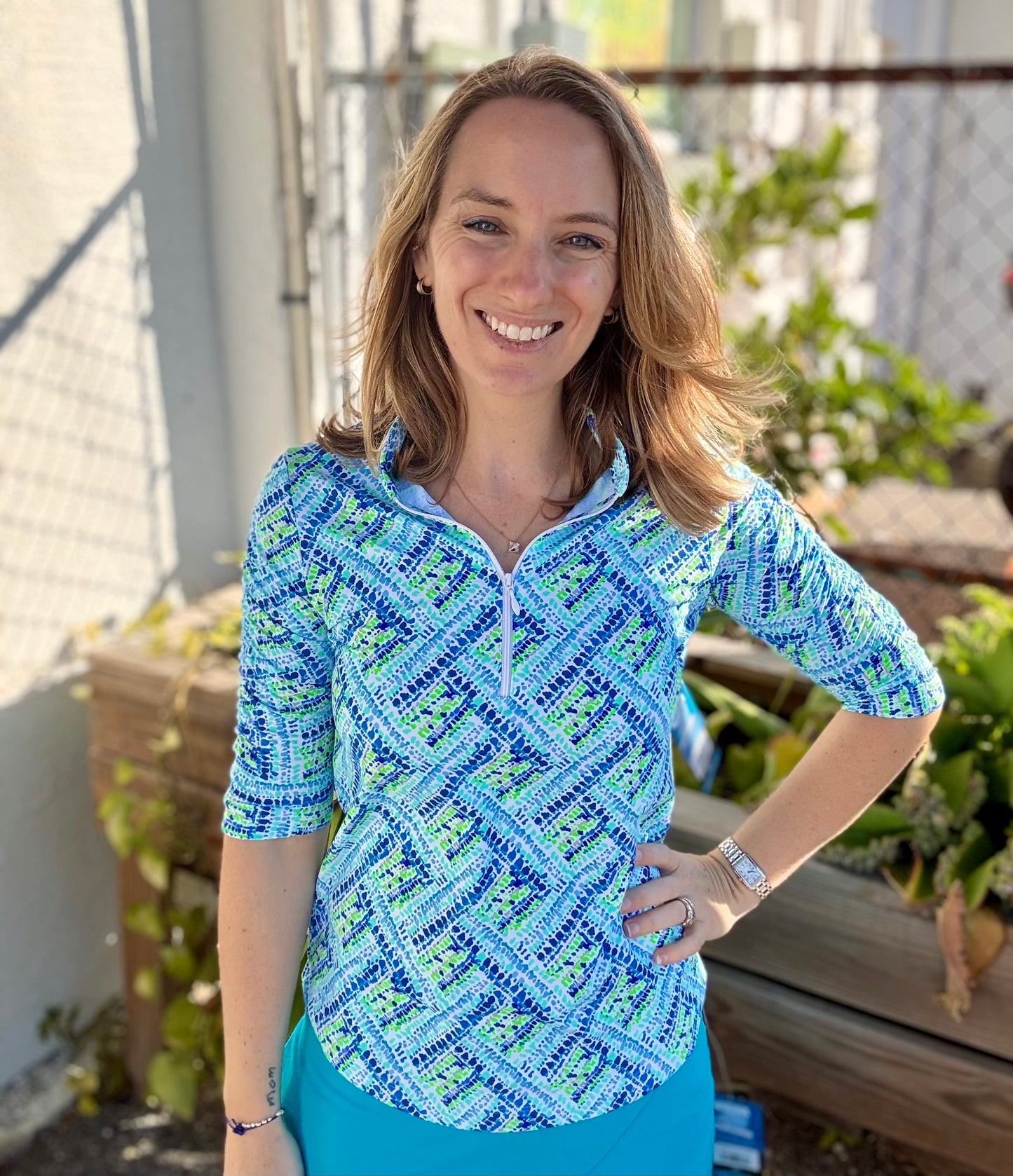 Ibkul 41000 UPF Ruched Arm Print Top