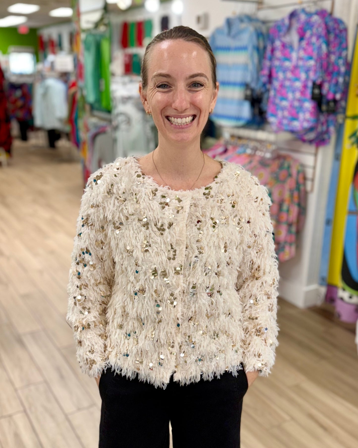 Gabby Isabella 525726 Fuzzy Sequin Cardigan Jacket