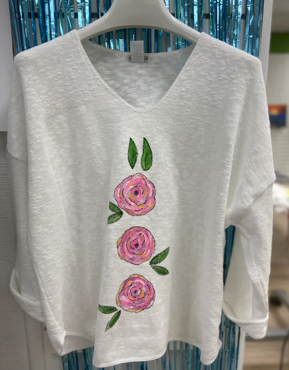 LisaLou Triple Rose Painted Sweater